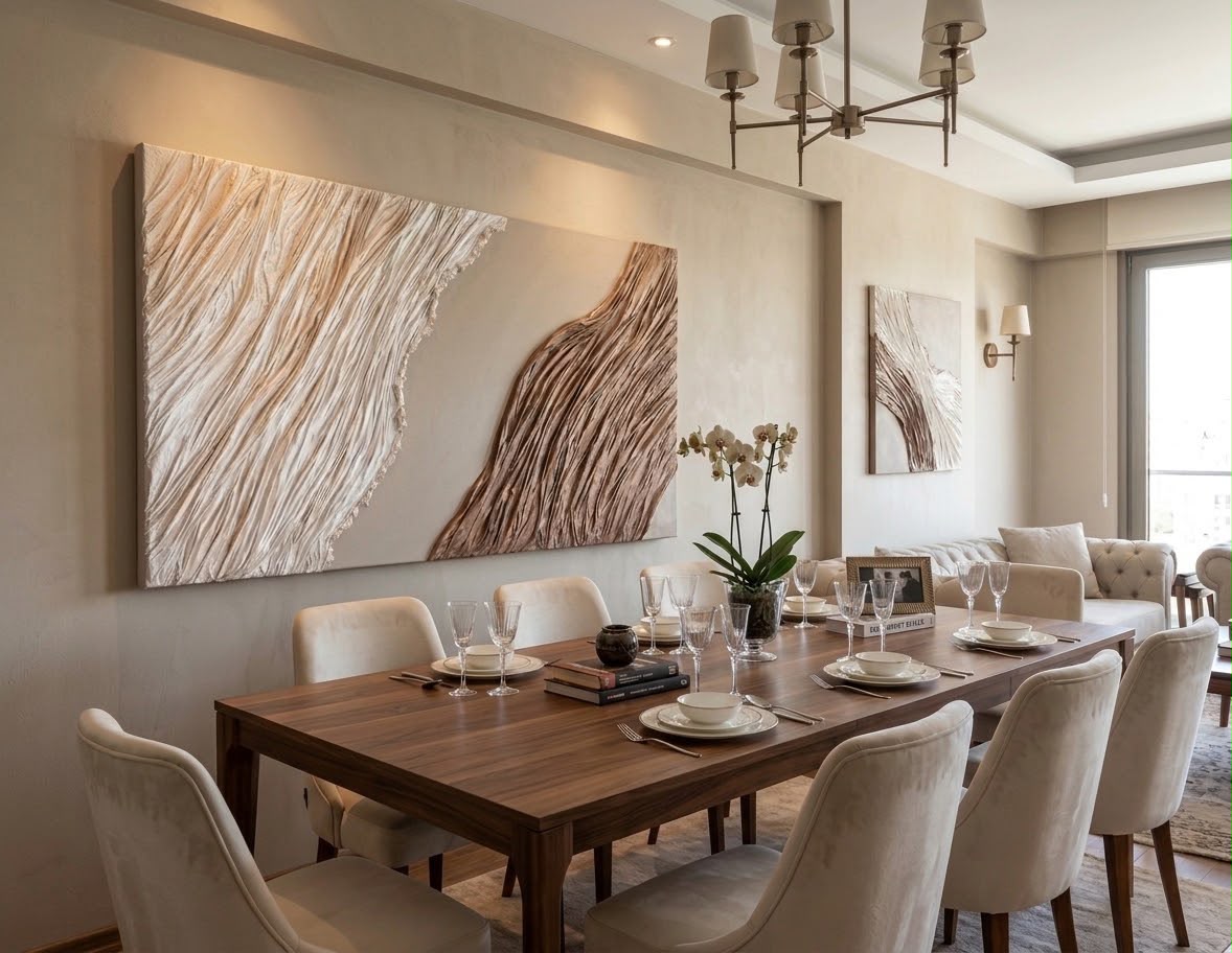 Bej ve kahverengi dokulu tablolarla yemek odası — Luxury koleksiyonu